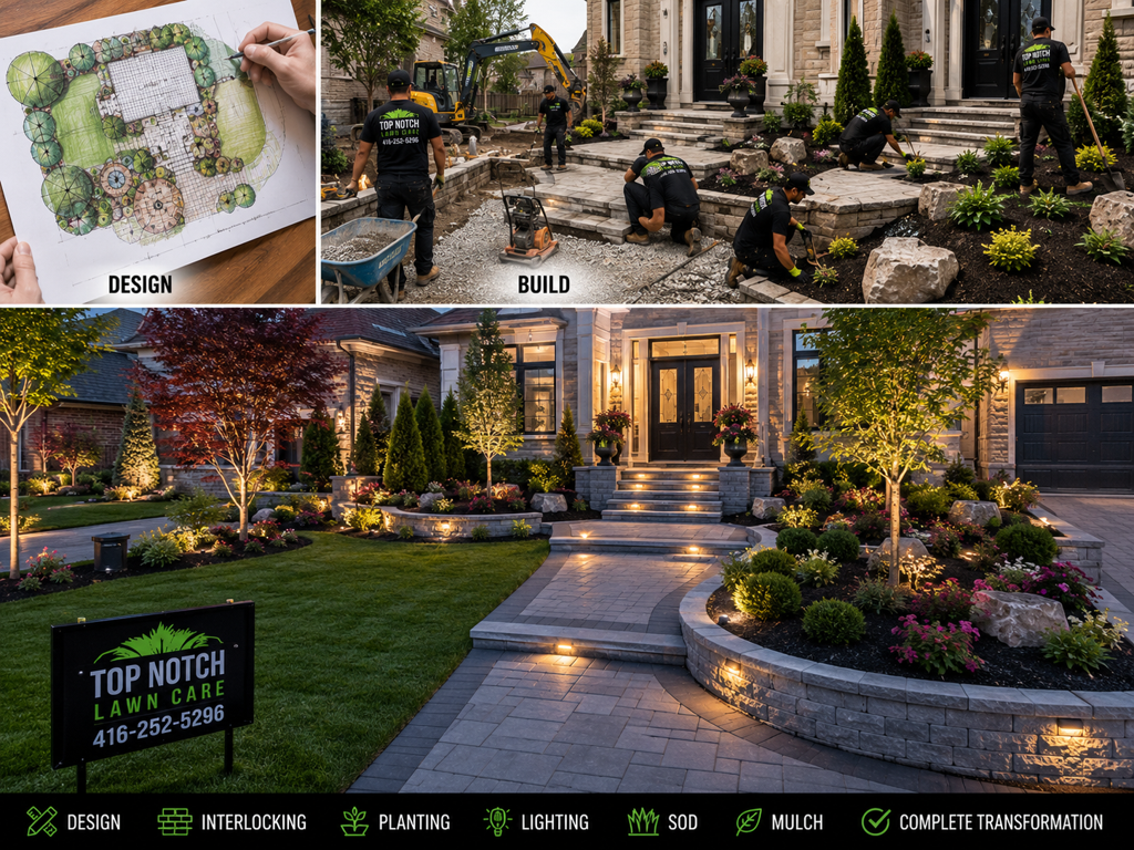 Top Notch design-build transformation, a finished, illuminated front-yard landscape at dusk