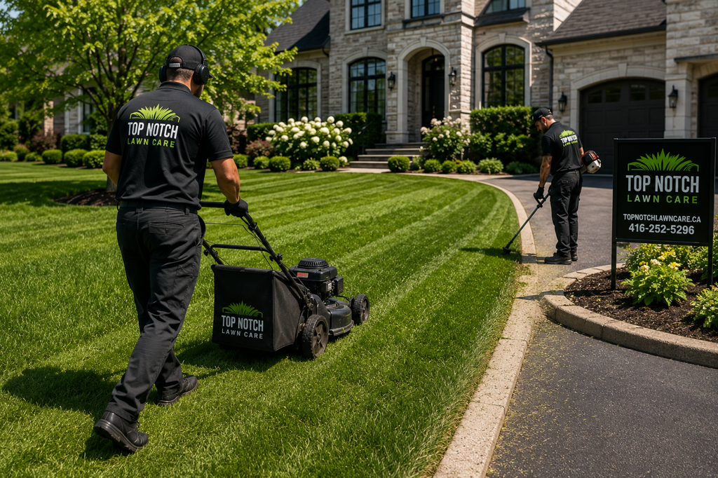 Top Notch crew mowing and trimming a striped emerald lawn in front of a luxury Toronto home