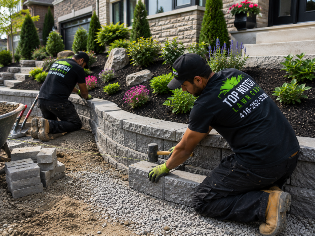 Top Notch crew building a tiered stone retaining wall with planted terraces