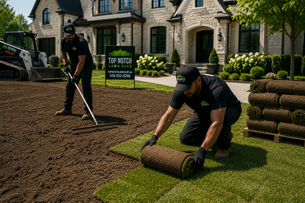 Fresh nursery sod rolled out over a graded yard